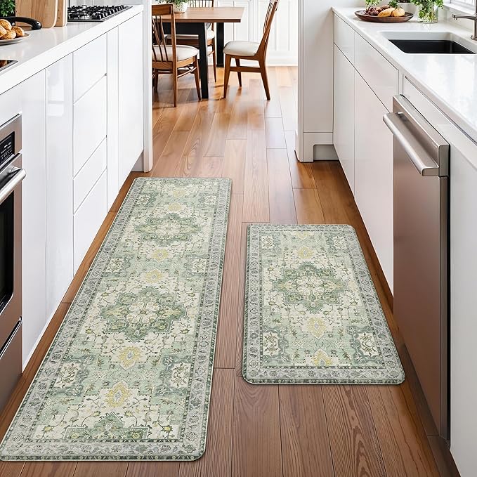 GENIMO Kitchen Mats for Floor 2PCs, Washable Anti Fatigue Mat for Cushioned, 17.3"x59"+17.3"x30", Waterproof Kitchen Rugs, Non Slip Comfort Standing Mat Rug for Home, Sink, Laundry, Light Green