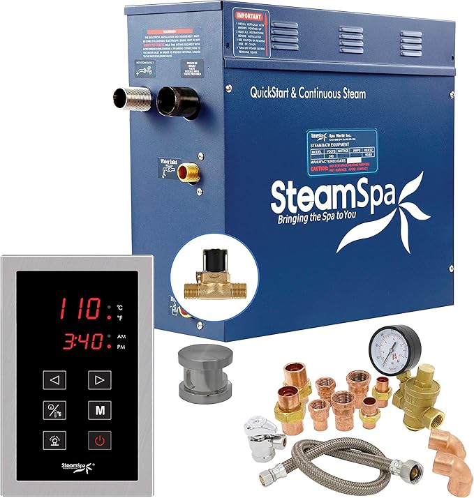 SteamSpa 7.5kW Steam Sauna Generator Premium Bundle 240V Steam Generator with Touch Pad Control, Steamheads, Pressure Relief Valve, Built-in Auto Drain and Plumber Quick Install Kit PRT750BN-A