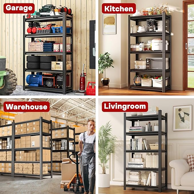 Garage Shelving Unit, 48"W x 24"D x 88"H, 5-Tier Heavy Duty, Steel Adjustable Shelf, 3800LBS, Garage & Basement Storage, Industrial-Grade Metal Shelves for Warehouses, Workshops, Black