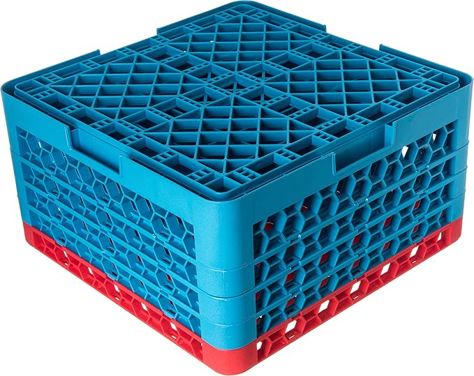 CFS RG49-4C410 OptiClean 49 Compartment Glass Rack with 4 Extenders, 10.3", Polypropylene, Red/CFS Blue