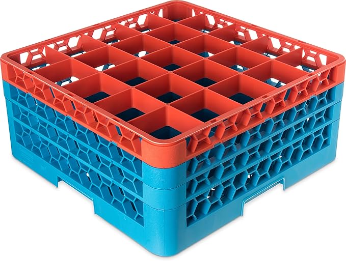 CFS RG25-3C412 OptiClean 25 Compartment Glass Rack with 3 Extenders, 8.72", Polypropylene, Orange/CFS Blue