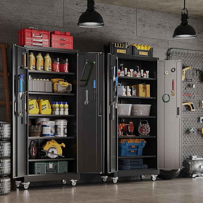 SUXXAN Garage Storage Cabinet with Wheels Pegboard and 5 Adjustable Shelves, 71'' x 32'' x 16''Metal Lockable Cabinet with Magnetic Doors,Tool Storage,Home Office Garage,Gym,School (Black)