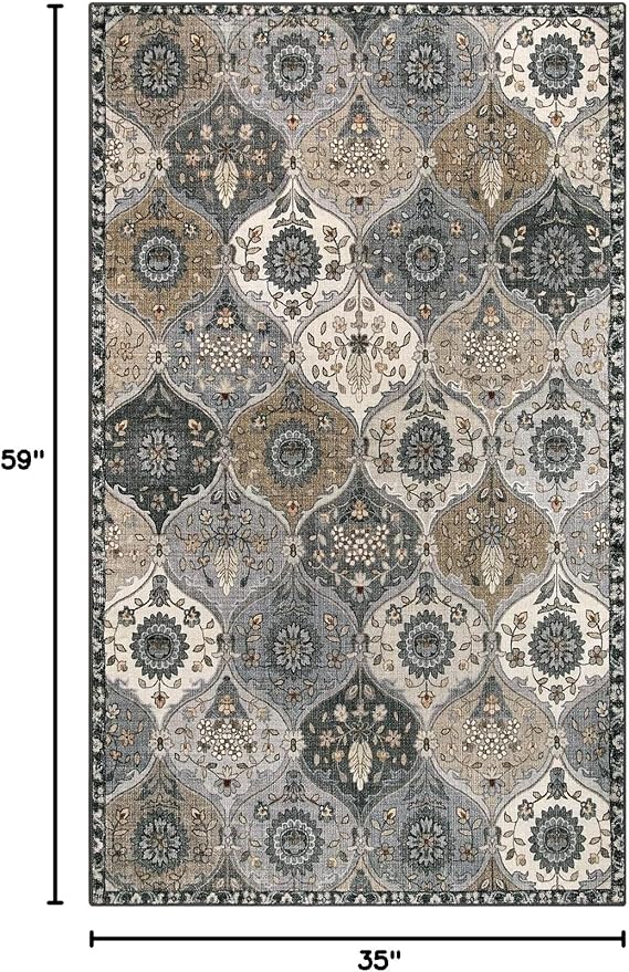 Lahome Moroccan Trellis Washable Area Rugs, 3x5 Rug for Bedroom Entryway Indoor Non-Slip, Small Oriental Accent Carpet for Living Room Kitchen Office, Grey