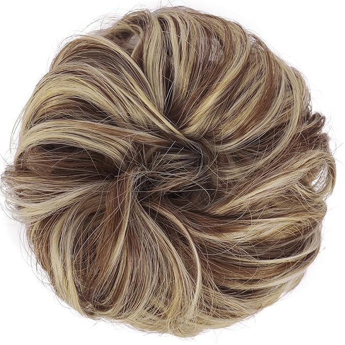 FESHFEN Large Messy Bun Hair Piece - Wavy Synthetic Chignon Scrunchies Elastic Ponytail Hair Extensions Thick Hairpieces for Women, Copper Brown & Beige Blonde 1.94oz