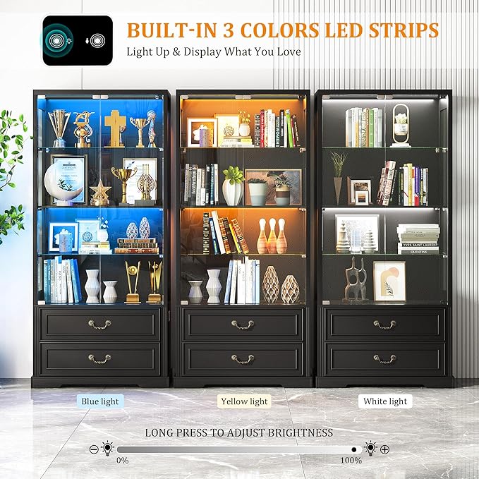 67" Tall Display Cabinet with Glass Doors and 2 Drawers, Adjustable Glass Height Bookcase, Curio Cabinet with 3 LED Lights and Human Body Sensor (Black)