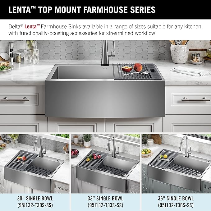 DELTA FAUCET Delta Lenta 30-inch Retrofit Farmhouse Apron Front 16 Gauge Stainless Steel Single Bowl Kitchen Sink for Undermount/Drop-In Installation with Accessories, 95J132-T30S-SS
