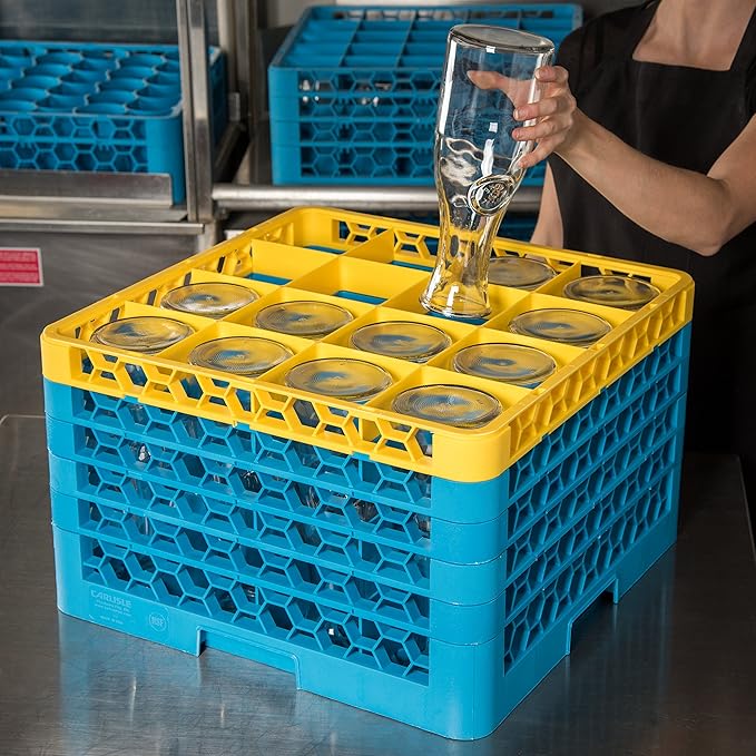 CFS RG16-5C411 OptiClean 16 Compartment Glass Rack with 5 Extenders, 11.9", Polypropylene, Yellow/CFS Blue