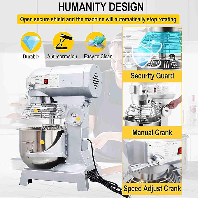 TECHTONGDA Commercial Stand Food Mixer, 20L Dough Mixer Machine, 3-Speed Adjustable Heavy Duty Electric Food Mixer, Dough Kneading Machine with Stainless Steel Bowl, Dough Hook Whisk Beater Included