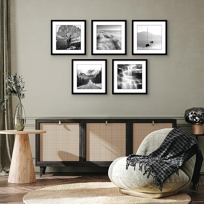 Americanflat 13x13 Picture Frame with Polished Plexiglass - Set of 5 - Use as 10x10 Frame with Mat or Display 13x13 Photo Without Mat - Galleria Collection - Square Frames for Wall Display - Black