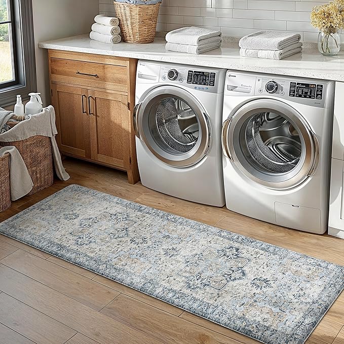 GENIMO Kitchen Mats for Floor 2PCs, Washable Anti Fatigue Mat for Cushioned, 17.3"x59"+17.3"x30", Waterproof Kitchen Rugs, Non Slip Foam Standing Mat Rug for Home, Sink, Office, Laundry, Light Blue