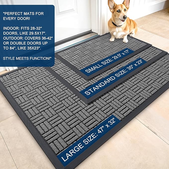 OLANLY Front Door Mat Outside Entrance 47x32, Absorbent, Heavy Duty Sturdy Natural Rubber Doormat Indoor Outdoor, Stain and Fade Resistant, Non-Slip Backing Low Profile Floor Mat for Entryway, Grey