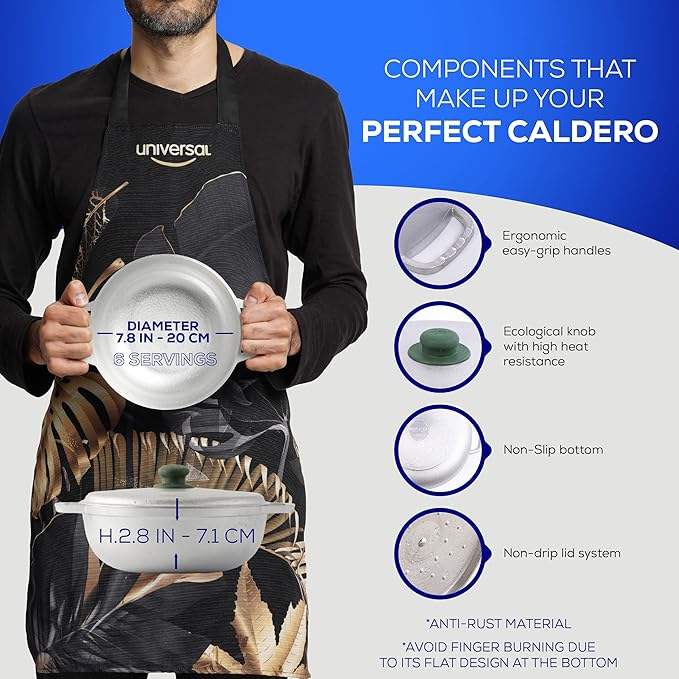 Universal (Extra Small) Caldero 6 Cups - 1.8 QT / 1.7 L, Stainless Aluminum Pot, Even Heat Distribution and Fast Cooking Dutch Oven Pot, Ergonomic Handles, Ideal for Rice, French Fries, and More