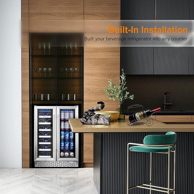 Phiestina Beverage Refrigerator, 24 Inch Wine and Beverage Fridge, Under Counter Wine Cooler- 20 Bottles & 78 Cans, Built-in/Freestanding Dual Zone with Glass Door
