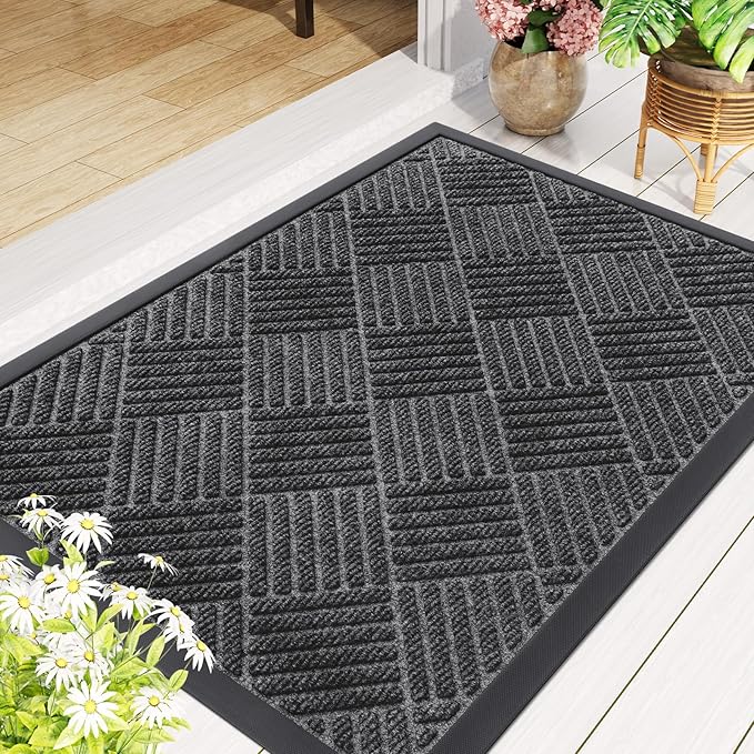 Smiry Front Door Mat Outside Entrance, Heavy Duty Outdoor Indoor Natural Rubber Doormat, Non Slip, Trap Dirt and Moisture, Easy Clean, Low Profile Patio Porch Entryway Mat, 35x23, Light Grey
