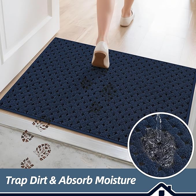 BEQHAUSE Dirt Trapper Door Mat Non-Slip Entryway Rugs Stain Resistant Absorbent Dog Doormats Woven-Look Washable Welcome Floor Doormat for Front Back Door, Muddy Wet Shoes & Paws, 32" x 48", Blue