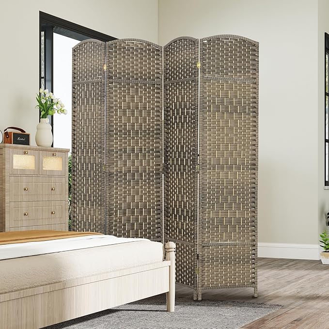 HOMCOM 4 Panel Room Divider, 6' Tall Folding Privacy Screen, Woven Freestanding Wall Partition for Home Office, Bedroom, Dark Rustic Oak