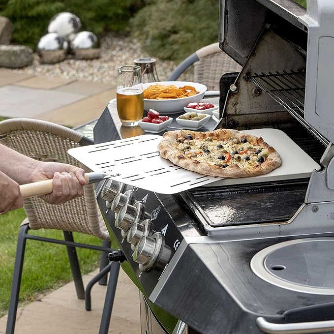 Hans Grill Pizza Stone PRO XL Baking Stone For Pizzas use in Oven, Grill or BBQ FREE Long Handled Anodised Aluminium Pizza Peel | Rectangular Stone 15 x 12" Inches | For Pies, Pastry, Bread, Calzone