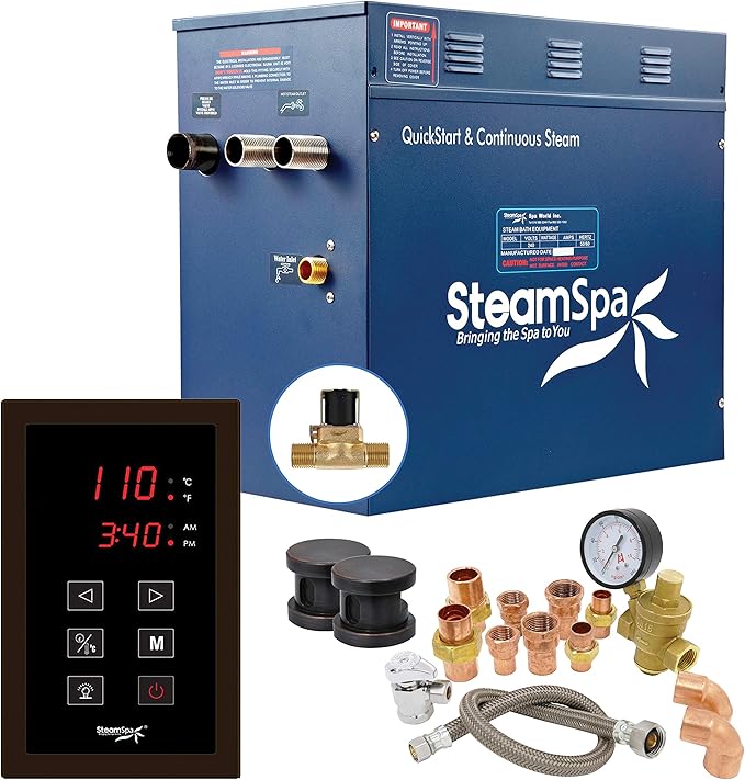 SteamSpa 10.5kW Steam Sauna Generator Premium Bundle 240V Steam Generator with Touch Pad Control, Steamheads, Pressure Relief Valve, Built-in Auto Drain and Plumber Quick Install Kit PRT1050OB-A