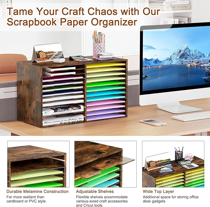 EasyPAG Scrapbook Paper Storage Organizer for Craft Room, 12x12 Paper Storage Desk Shelf, 24 Slot Adjustable File Sorter for Office School Classroom, Antique