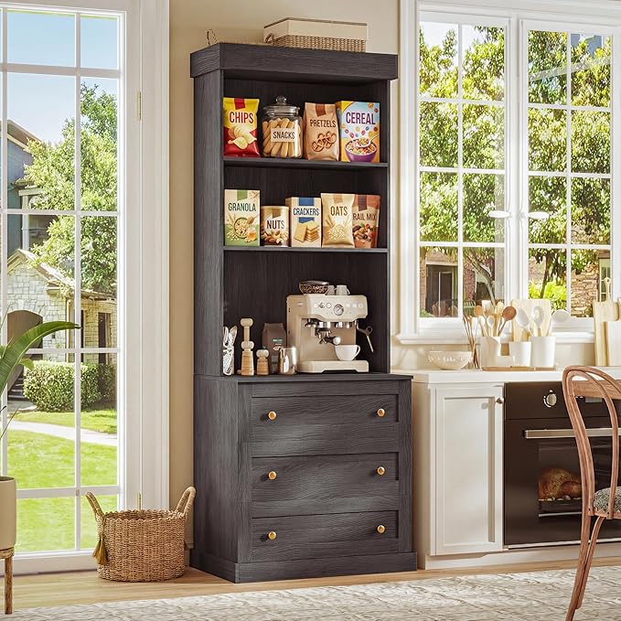 Vyre 71" Farmhouse Kitchen Pantry Cabinet Set of 2, Black Freestanding Coffee Bar Hutch with Drawers & Adjustable Shelves, Large Storage Cabinet with Microwave Stand for Living Room & Kitchen