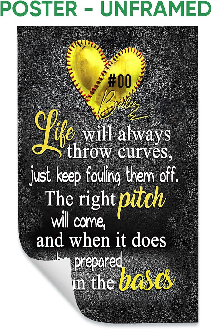 Custom Softball Life Is Always Throw Curves Gift For Pitcher Girl Personalized Name Number Poster & Framed Canvas, Wall Art Home Office Decoration Living Room Bedroom Aesthetic Decor