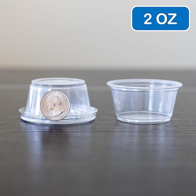 EDI Clear Disposable Plastic Portion Cups with Leakproof Lids | 2 Oz, 100 Sets | BPA Free, Recyclable Jello & Dipping Sauce Cups