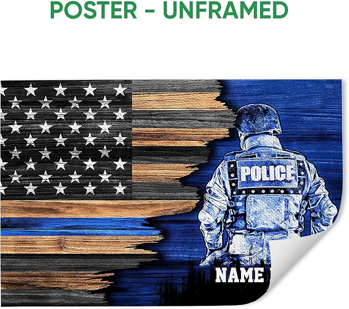 Custom Police Thin Blue Line American Flag Back The Blue Personalized Name Poster & Framed Canvas, Wall Art Home Office Decoration Living Room Bedroom Aesthetic Decor