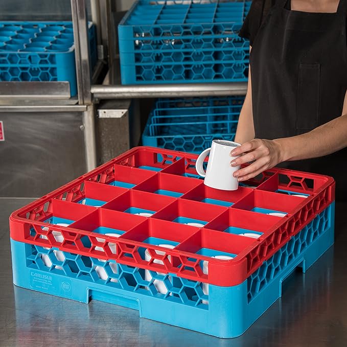 CFS RG16-1C410 OptiClean 16 Compartment Glass Rack with 1 Extender, 5.56", Polypropylene, Red/CFS Blue