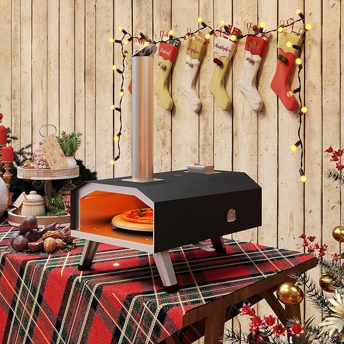 YITAHOME 12" Pizza Oven Outdoor, Wood Pellet Pizza Ovens with Rotating and Built-in Thermometer, Outside Pizza Stove with Peel, Stone and Recipes for Backyard Party Christmas Gifts