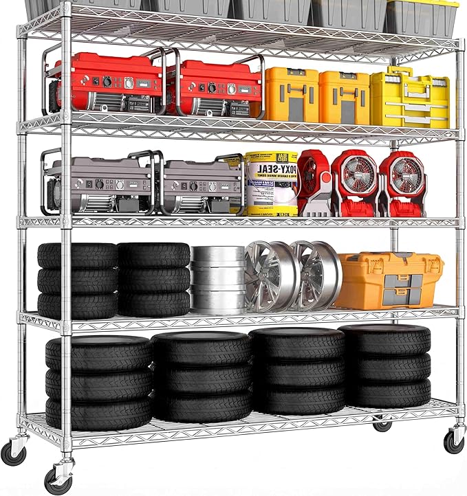 PrimeZone 5 Tier 48" Wx24''Dx81''H Wire Shelving with Wheels 3000lbs NSF Certified Storage Shelves Heavy Duty Metal Shelf Adjustable Rolling Rack Commercial Garage Restaurant Warehouse Chrome 3Pack