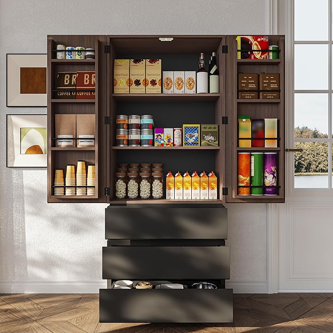 70.8" Kitchen Pantry Cabinet with 3 Drawers Freestanding Kitchen Storage with 3-Tier Cabinet & Door-Mounted Shelves Hidden Handle Magnetic Closure Freestanding Storage for Dining Room
