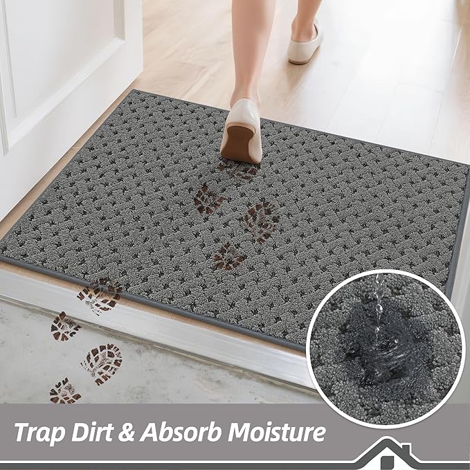 BEQHAUSE Dirt Trapper Door Mat Non-Slip Entryway Rugs Stain Resistant Absorbent Dog Doormats Woven-Look Washable Welcome Floor Doormat for Front Back Door, Muddy Wet Shoes & Paws, 20" x 32", Grey