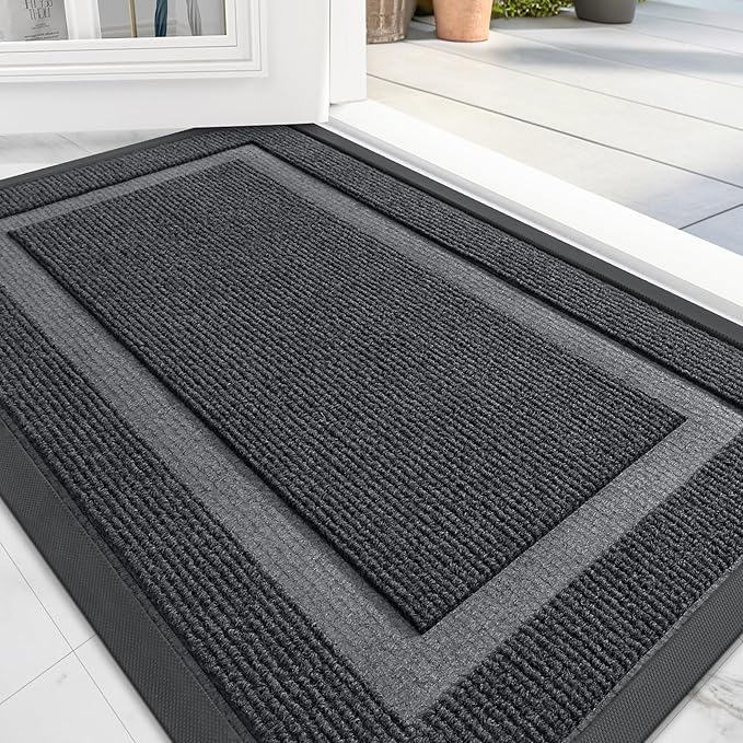 OLANLY Front Door Mat Indoor Outdoor Entrance, Waterproof All-Season, All-Weather Doormat, Sturdy Natural Rubber, Fade Resistant, Low Profile, Easy Clean Patio Porch Entryway Mat, 59x40, Grey