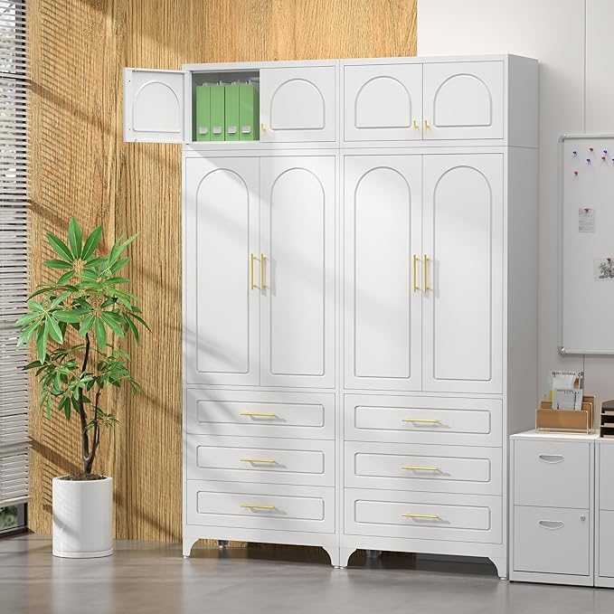 Kitchen Pantry Cabinet，90" Storage Cabinets with Doors and Shelves,Metal Pantry Cabinet with 3 Drawers,White Kitchen Cupboard for Livingroom,Pantry, Bathroom
