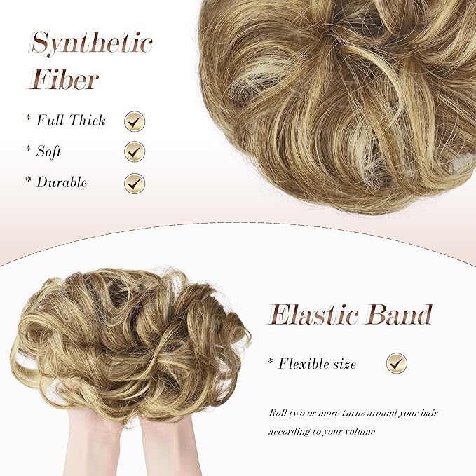 FESHFEN Large Messy Bun Hair Piece - Wavy Synthetic Chignon Scrunchies Elastic Ponytail Hair Extensions Thick Hairpieces for Women, Sand 1.94oz