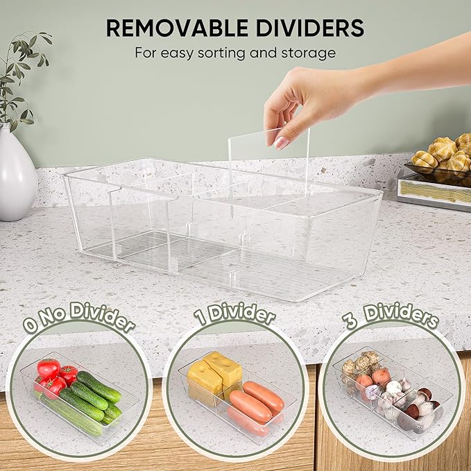BALEINE Clear Plastic Storage Bins with 3 Removable Dividers, Pantry Organization, BPA Free Stackable Refrigerator Organizers and Storage for Kitchen Fridge Cabinet Bathroom (10.5x6.1x3.5, 2PK)
