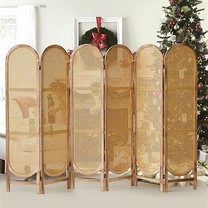 6 Panel Room Divider, 5.6 Ft Foldable Wood Room Divider Screen, Hand-Woven Rattan Folding Privacy Screens with Double Hinges, Wall Divider for Room Separation Bedroom Home Office - Natural