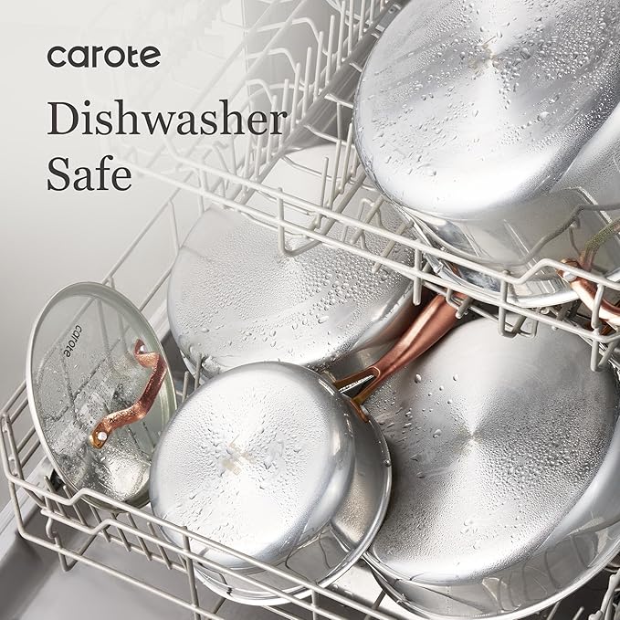 CAROTE 10" Tri-Ply Stainless Steel Deep Frying Pan with Lid, Non-Toxic Saute Pan, Oven Safe, Induction, Ceramic and Gas Cooktops Compatible, Silver