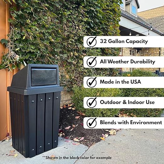 Campus Collection 32 Gallon Square Slatted 100% Recycled Plastic Heavy Duty Outdoor Trash Can with Push Top Lid - Great for Schools and Businesses - Red