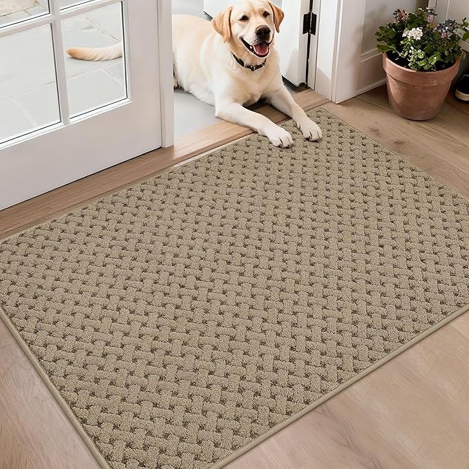 BEQHAUSE Dirt Trapper Door Mat Non-Slip Entryway Rugs Stain Resistant Absorbent Dog Doormats Woven-Look Washable Welcome Floor Doormat for Front Back Door, Muddy Wet Shoes & Paws, 32" x 48", Beige