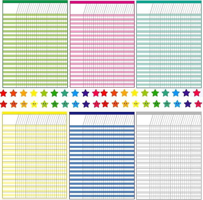 Youngever 6 Pack Multi-Color Laminated Dry Erase Incentive Chart with 120 Reward Star Stickers for Chore Responsibility, School Attendance, Homework Progress Tracking Chart (17 Inch x 22 Inch)