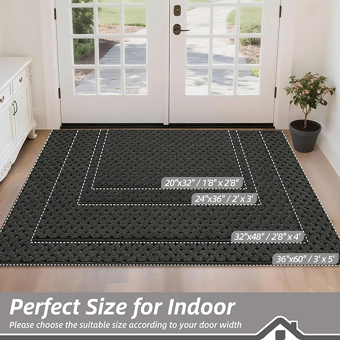 BEQHAUSE Dirt Trapper Door Mat Non-Slip Entryway Rugs Stain Resistant Absorbent Dog Doormats Woven-Look Washable Welcome Floor Doormat For Front Back Door, Muddy Wet Shoes & Paws, 32" x 48", Dark Grey