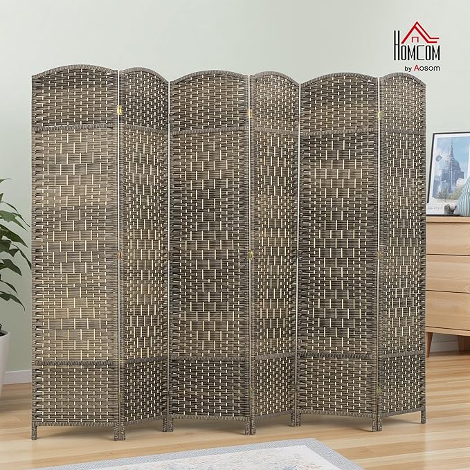 HOMCOM 6 Panel Room Divider, 6' Tall Folding Privacy Screen, Woven Freestanding Wall Partition for Home Office, Bedroom, Dark Rustic Oak