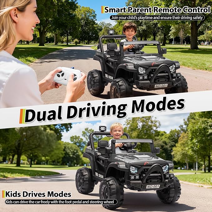 12V Kids Ride on Car, Electric Ride on Truck w/Parent Remote, Spring Suspension, Bluetooth Music, LED Light, 4.1Mph Max Speed, 3 Speeds, Battery Powered Vehicles for Kids Toddler Age 3-8, Black