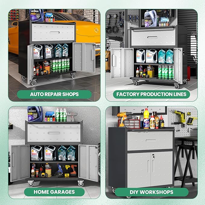 Garage Cabinets,Metal Garage Storage Cabinet with Wheels,Lockable Rolling Tool Cabinet with Drawer and Adjustable Shelves,Heavy Duty Tools Cabinet for Home Office Utility Room,Black/Grey