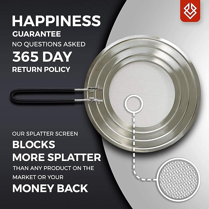 Dishwasher-Safe Splatter Screen Guard for Frying Pan Grease - Shields 99% of Stove Top from Bacon, Fry Oil, or Deep Fryer Splash - Easy Kitchen Storage Foldable Heat-Resistant Silicone Handle