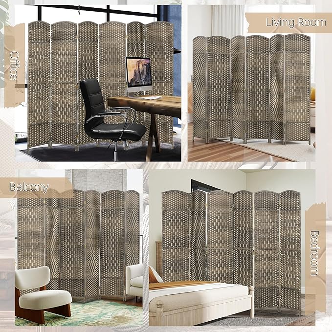 HOMCOM 6 Panel Room Divider, 6' Tall Folding Privacy Screen, Woven Freestanding Wall Partition for Home Office, Bedroom, Dark Rustic Oak