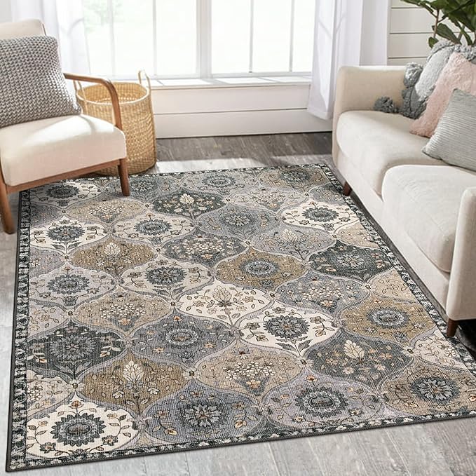 Lahome Moroccan Trellis Washable Area Rugs, 3x5 Rug for Bedroom Entryway Indoor Non-Slip, Small Oriental Accent Carpet for Living Room Kitchen Office, Grey