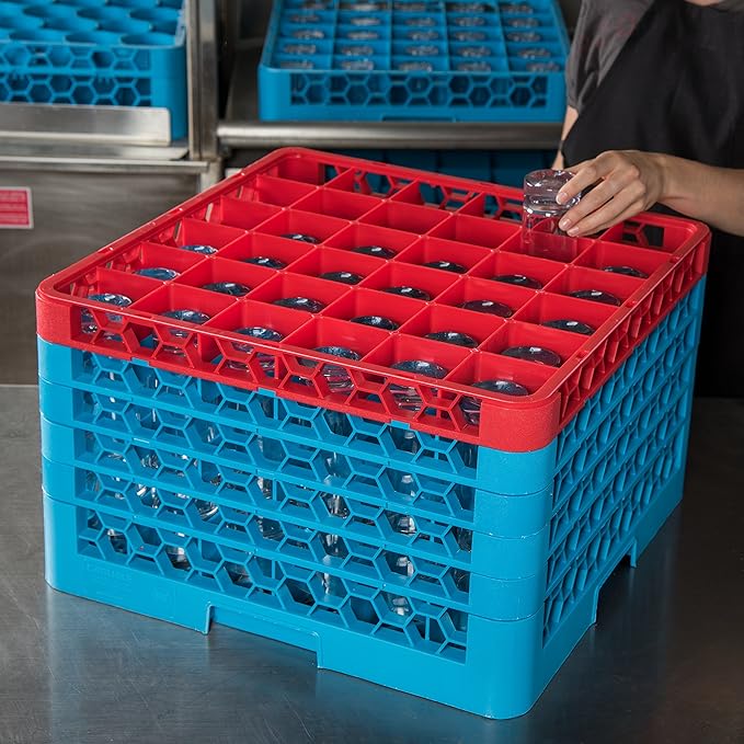 CFS RG36-5C410 OptiClean 36 Compartment Glass Rack with 5 Extenders, 11.9", Polypropylene, Red/CFS Blue