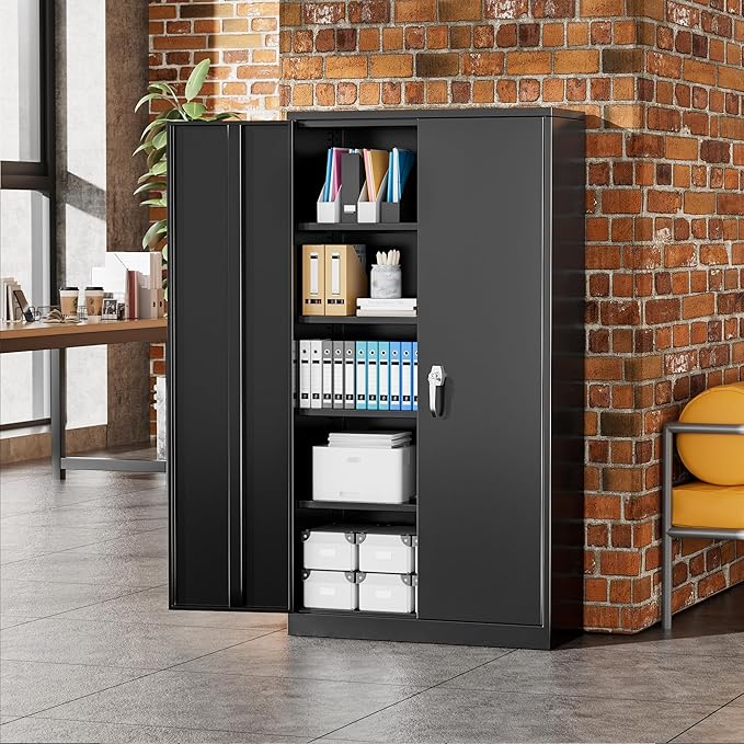 Greenvelly 72" H Metal Storage Cabinet, 36" W x 18" D Black Metal Cabinet with 2 Doors and 4 Adjustable Shelves,Locking Cabinets for Office, Home, Garage, School